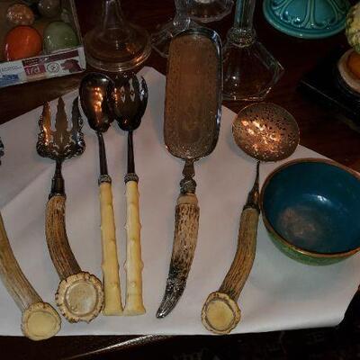 antique horn handle serving ware