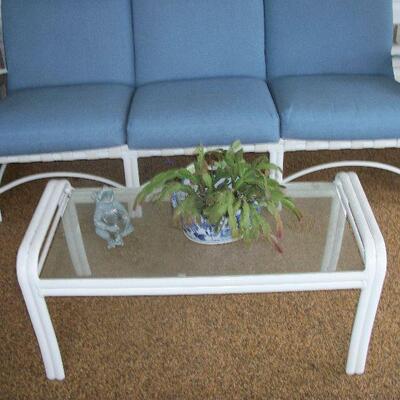 White and Blue Patio Sofa ; White Metal and Glass top Patio Coffee Table