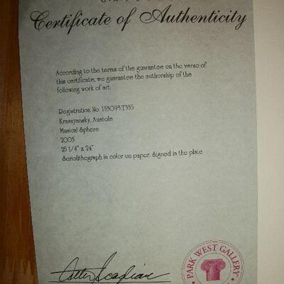 Certificate of Authenticity for Seriolithograph