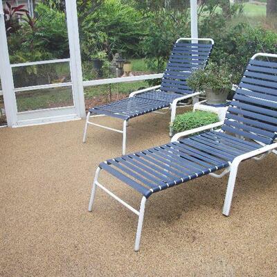 2 - White and Blue Patio Chaise Loungers