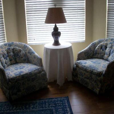Pair of Yellow and Blue Floral Paisley Print Swivel Side Chairs ; Round Wood 3 leg Side Table (under cover)