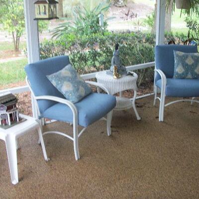 2 = White and Blue Patio Chairs ; Round White Wicker End Table