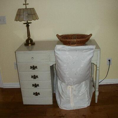 Ethan Allen Furniture White 4 Drawer Desk ; Lamp ; Wood Chair under slip cover