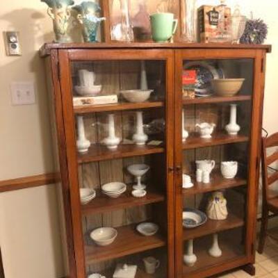 Glass Front Cabinet with Milk Glass