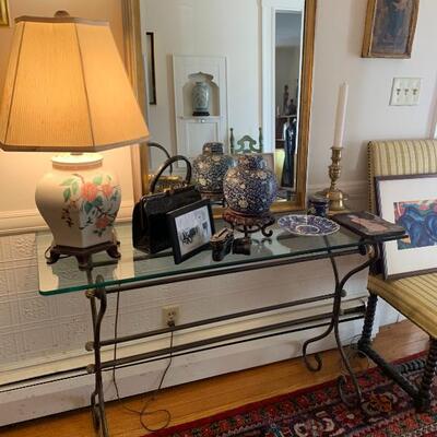 Great hand forged iron table ~  Cloisonne ginger jars ~ lamp ~ purse ~ everything in photo is for sale