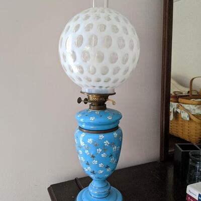 Bristol art glass blue enameled lamp with opalescent coin dot shade