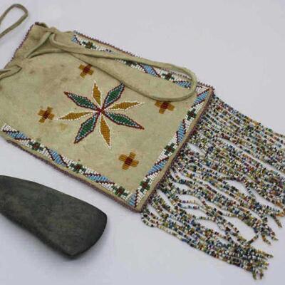 Native American Beaded Bag & Stone Tool