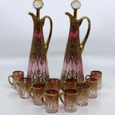 Pair of Cranberry Moser Decanters & 10 Cordials