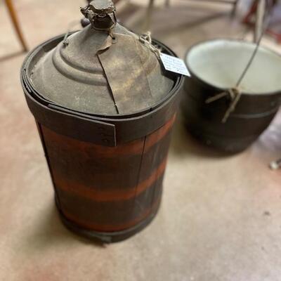 Large wood sided gas can w/ coral stopper. 