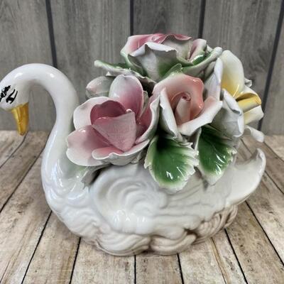 Vintage Capodimonte, Italy, Porcelain Swan with Flowers Centerpiece