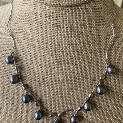 Sterling Silver and Cultured Black Pearl Necklace