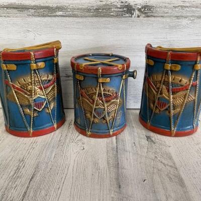 (3) Vintage Japanese Tin Toy Drums by Lego, Japan