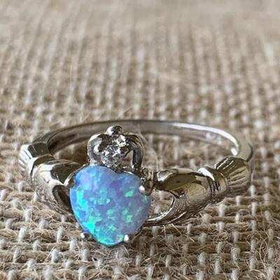 Sterling Silver and Opal Claddagh Ring Size 4
