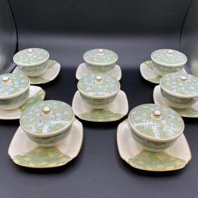 Lidded Porcelain Teacups or Rice Bowls on Plates