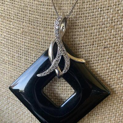 Sterling Silver Necklace with Diamonds and Black