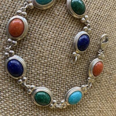 Sterling Silver Bracelet w/ Turquoise, Lapis, & Malachite
