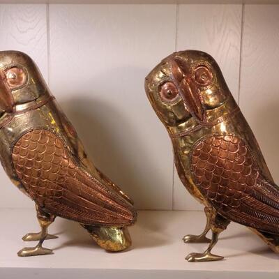 Pair Mid Century Hand Forged Copper & Brass Owls