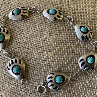 Sterling Silver Shadowbox Bear Claw Bracelet w/ Turquoise