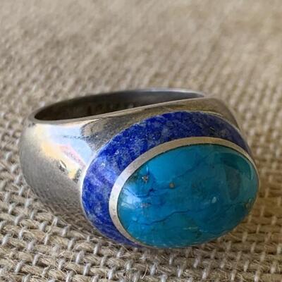 Sterling Silver Ring w/ Lapis & Turquoise Sz 7.5