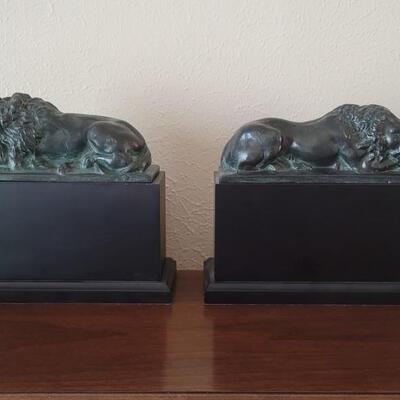 (2) Bronze Lion Bookends on Wood Bases