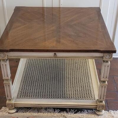 Neoclassical End Table w Walnut Top & Rattan Shelf