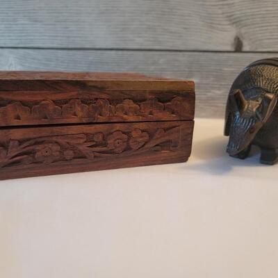 (2) Carved Wooden Box & Armadillo Figurine