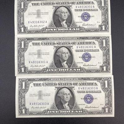 (3) Uncirculated 1957 Silver Certificates in Sleeve