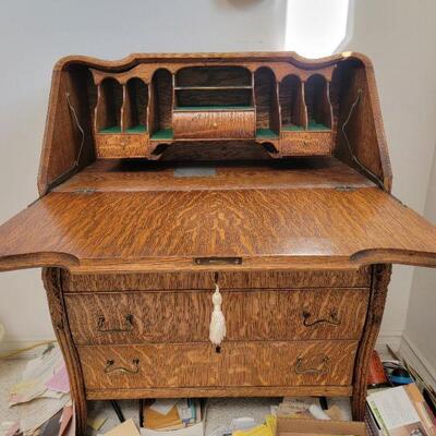 Antique carved office desk w/ key 30