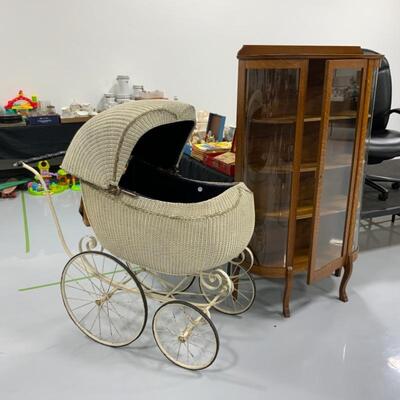 Wicker Baby Buggy, Curved Glass Curio Cabinet