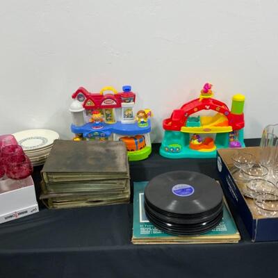 Cut crystal glasses, 78 records, weebles toys