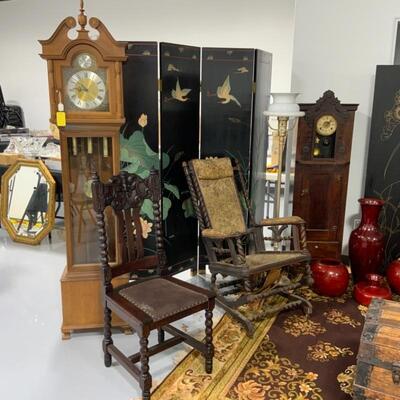 Grandmother clock, Room Divider, Beautifully Carved Chairs, Rug, Clock