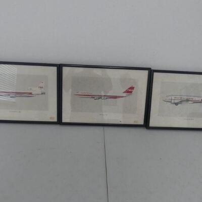 Set of 3 Vintage Framed TWA Airplane Images: Lockheed 1011, Boeing 747 and Douglas DC-3