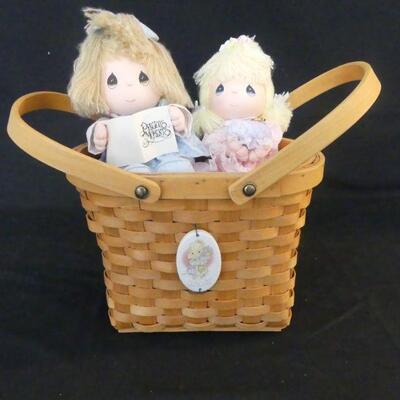  2 Precious Moments Stuffed Figures in a Double Handle Basket with Tie-On