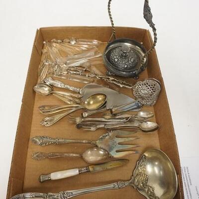 1344	LOT OF SILVERPLATE & PRISMS, LARGE LADLE IS 11 1/2 IN LONG, SERVER HAS A STERLING SILVER HANDLE, LOT INCLUDES A PICKLE CASTER FRAME
