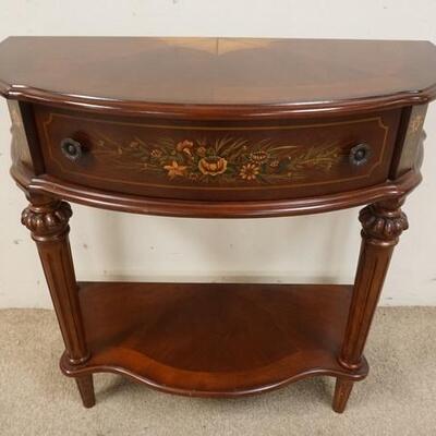 1077	BUTLER INLAID & DECORATED DEMILUNE TABLE, ONE DRAWER, HAS A SHELF AT THE BASE, FLUTED LEGS, HAS SOME INDENTATIONS ON THE TOP, 43 IN...