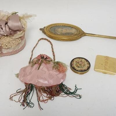 1329	LOT OF LADY'S ACCESSORIES, BEVELED HAND MIRROR W/PORTRAIT, 2 COMPACTS, PURSE & CLOTH DECORATED COVERED BASKET
