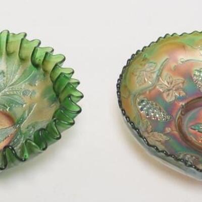 1094	2 FENTON GREEN CARNIVAL BOWLS, THISTLE & VINTAGE, THISTLE HAS RIBBON CANDY EDGE, VINTAGE IS ICE CREAM SHAPED, LARGEST IS 8 IN
