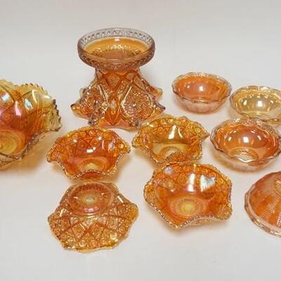 1096	11 PIECE LOT OF OLD MARIGOLD CARNIVAL GLASS, INCLUDES DIAMOND LACE, SMALL BERRIES, FASHION, PINCH BASE, ETC, LARGEST BOWL IS 9 1/4 IN
