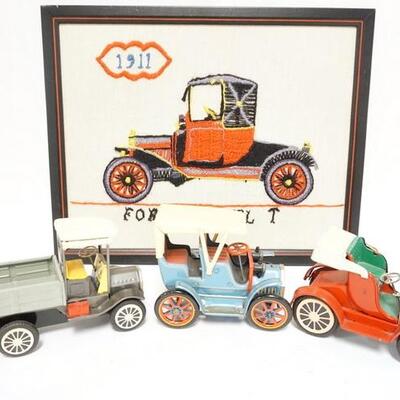 1346	3 TOY TIN FRICTION CARS & AN EMBROIDERED MODEL T PICTURE
