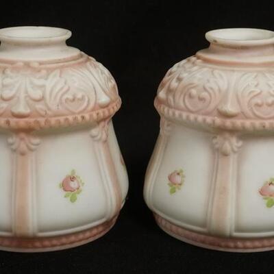 1330	PAIR OF ANTIQUE DECORATED GLASS SHADES, ONE HAS A CHIP ON THE FITTER RIM, 6 1/8 IN HIGH, 2 1/4 IN FITTER

