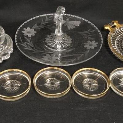 1319	DECORATED GLASS LOT, INCLUDES BUTTERFLY CUT SERVER, DIVIDED CANDY DISH & GOLD TRIMMED TRAY & COASTER
