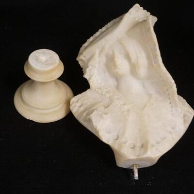 1355	SMALL MARBLE BUST OF A LADY, THREADS TO THE CONNECTION TO THE BASE IS LOOSE, 9 IN HIGH
