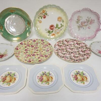 1303	LOT OF 10 DECORATED PLATES, INCLUDES JOHNSON BROS, STAFFORDSHIRE, CHINTZ, NORITAKE, GERMANY, ETC, LARGEST IS 10 1/2 IN
