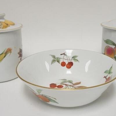 1065	ROYAL WORCESTER EVESHAM BOWL & 2 CANISTERS, BOWL IS 10 IN DIAMETER, CANISTERS ARE 7 1/2 IN HIGH
