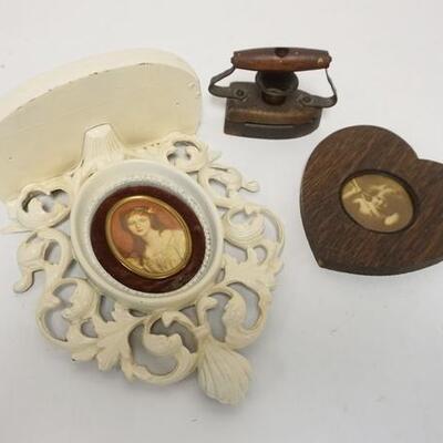 1345	3 PIECE LOT, CAMEO CREATION SHELF (12 3/4 IN HIGH), CUPID AWAKE IN OAK HEART FRAME & ANTIQUE CHILDS IRON
