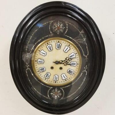 1038	BLACK LACQUERED VICTORIAN WALL CLOCK W/MOTHER OF PEARL INLAY, 19 IN X 23 IN X 5 IN
