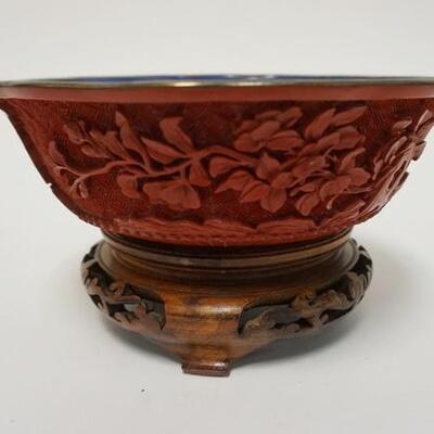 1016	CHINESE RED CINNABAR BOWL W/BLUE CLOISONNE INTERIOR ON WOOD STAND, 6 3/4 IN X 4 IN
