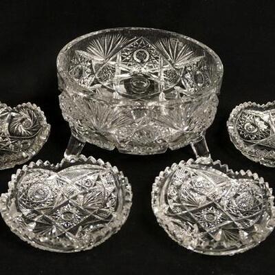 1304	CUT GLASS FERNERY & 4 ICE CREAM DISHES, SMALL DISHES HAVE RIM ROUGHNESS, FERNERY IS 7 3/4 IN DIAMETER X 4 1/4 IN HIGH
