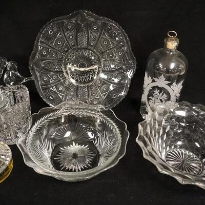 1320	7 PIECE GLASS LOT, INCLUDES PATTERN & DEPRESSION, DECORATED BOTTLE & HAND MADE CRYSTAL BIRDS

