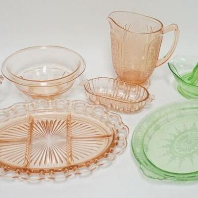 1311	7 PIECE PINK & GREEN DEPRESSION GLASS, INCLUDES CHERRY BLOSSOM PITCHER & CAMEO PLATTER
